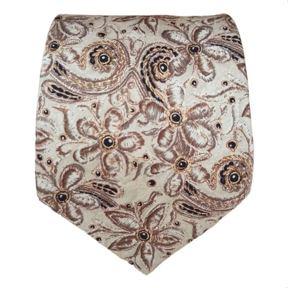 LANVIN Beige Floral Silk Tie FRANCE 58